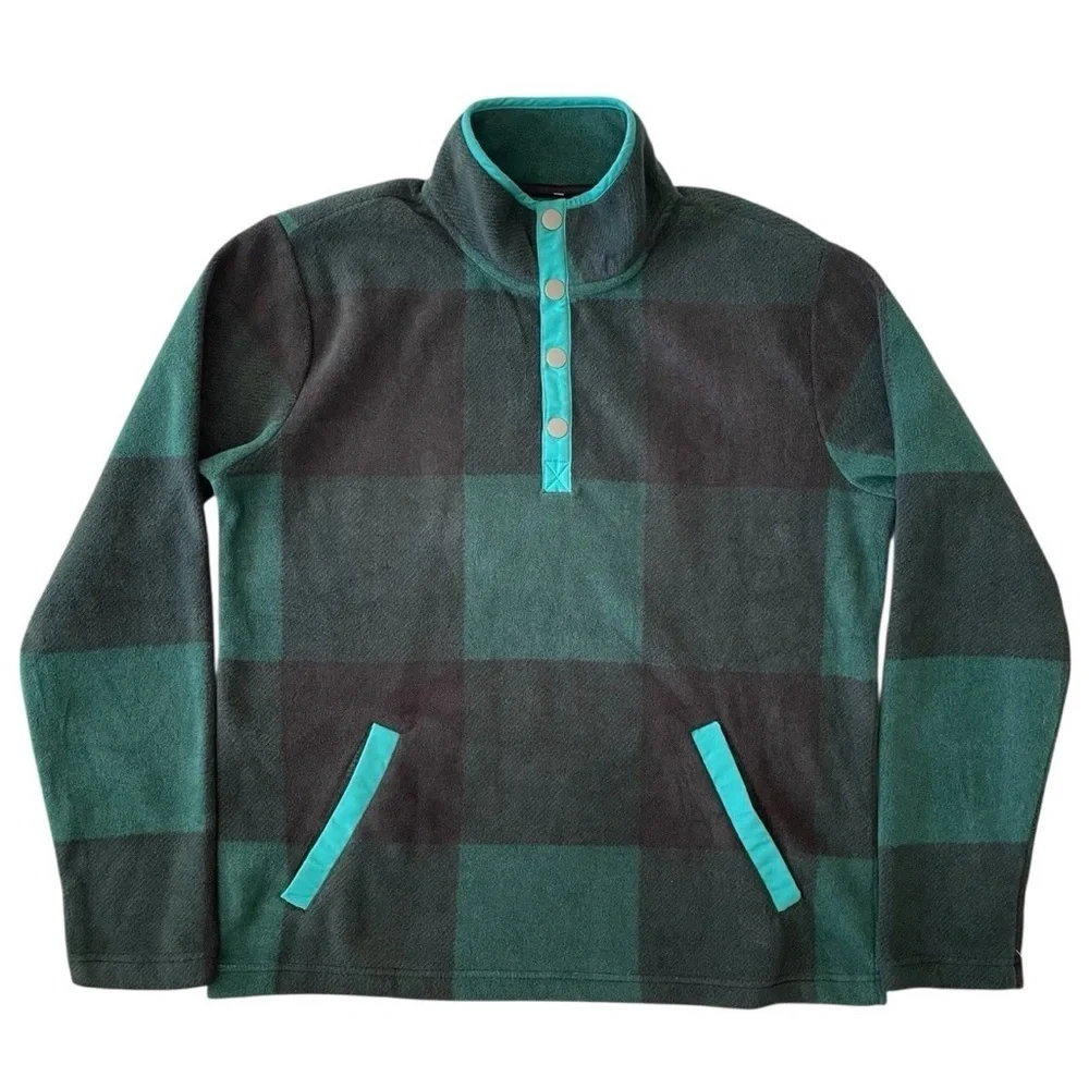 Bonobos Sweater Pullover 1/4 Snap Mens S Green Black Plaid Fleece Oversized